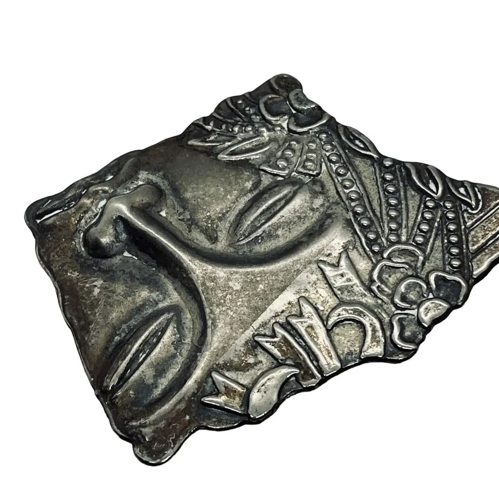 Face Brooch Pin Art Nouveau Silver Tone Fragment Style Retro Chic Aged Floral